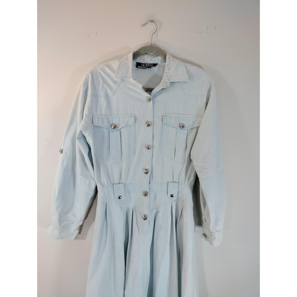 Vintage 80s Light Wash Denim Western Midi Dress Button Front